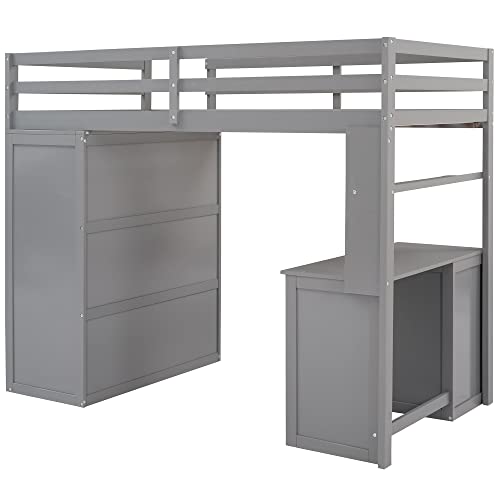 Harper & Bright Designs Full Loft Bed with Desk and Wardrobe,Solid Wood Loft Bed Frame Full with Storage Drawers for Kids Teens Adults