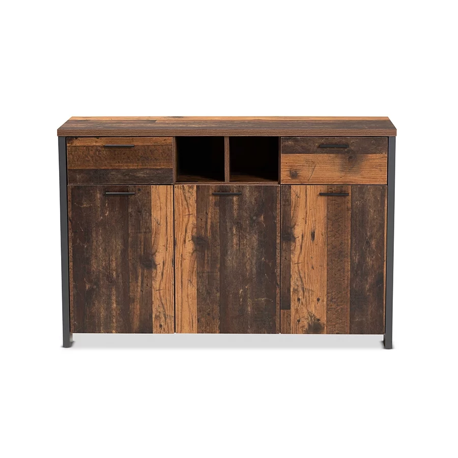Baxton Studio Ranger Mid-Century Modern Rustic Brown Finished Wood and Grey Metal 2-Door Sideboard Buffet