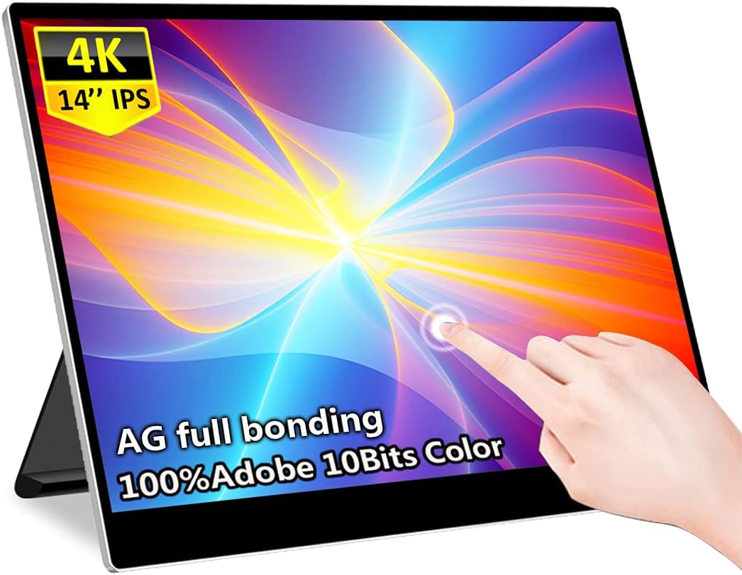 Portable Monitor Portable Touch Monitor Corkea 14 Inch 3840x2160 Laptop Monitor, USB-C/HDMI/Mini DP Display, with Rear Folding Kickstand Speakers