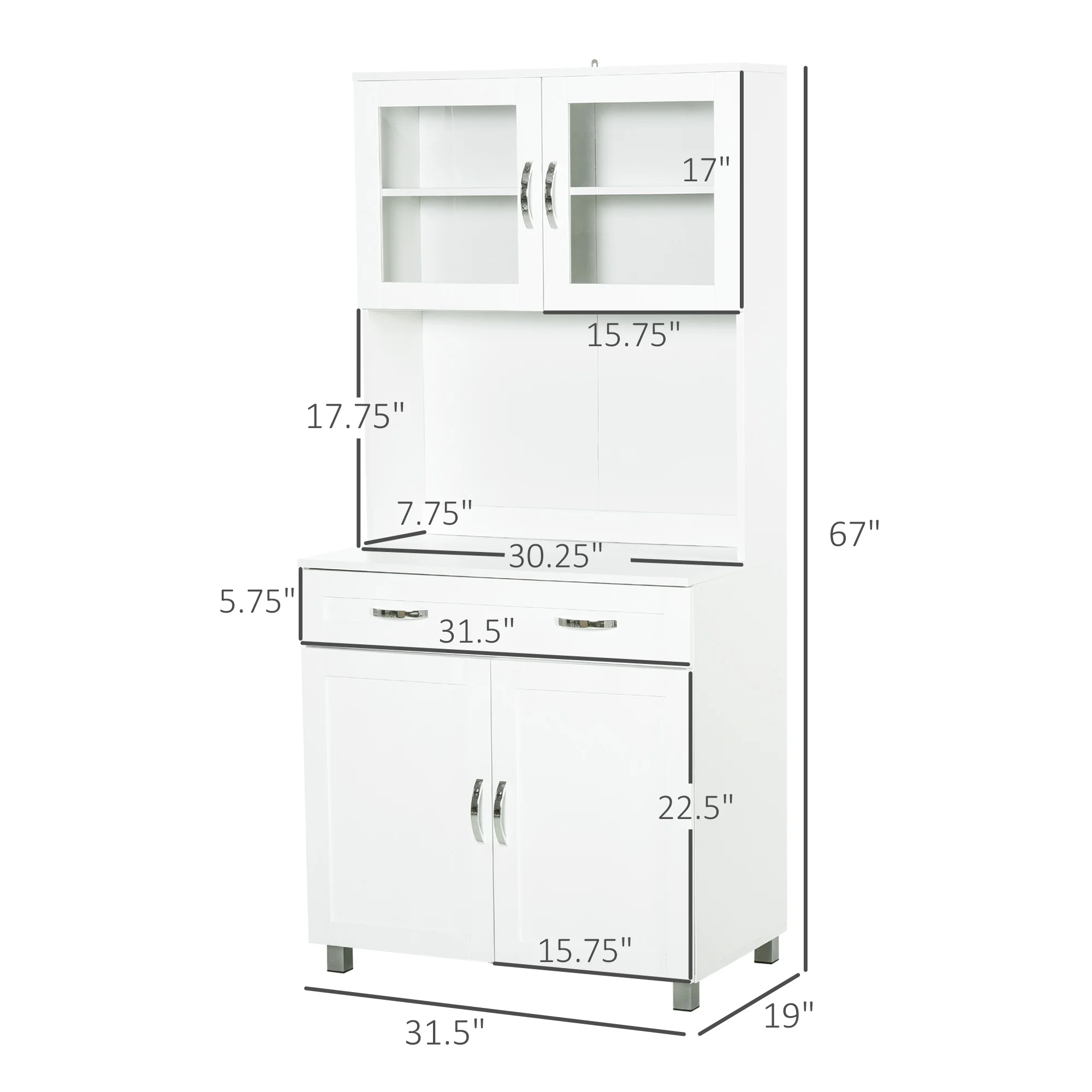 HOMCOM 67" Buffet with Hutch, Modern Kitchen Pantry, Freestanding Storage Cabinet with Framed Glass Doors, Shelves and Drawers, White