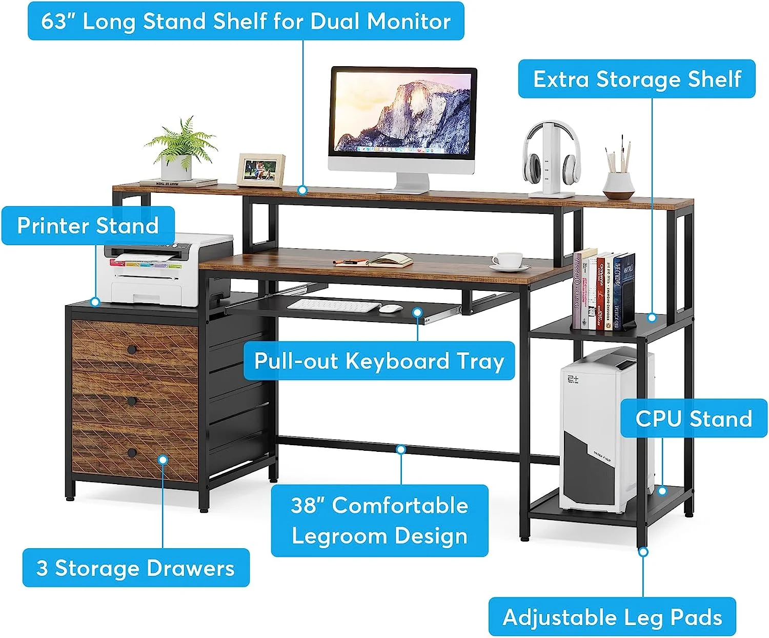 Tribesigns Computer Desk with 3 Drawers, Industrial 63 inches Home Office Desk with Monitor Shelf, Vintage Brown
