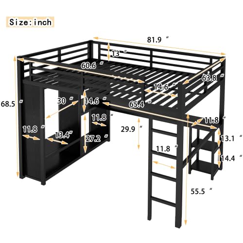 Metal Loft Bed with Wardrobe and L-Shaped Desk, Full Size Loft Bed with Storage Cubes and Shelves, Heavy Duty Loft Bed for Kids Teens, White