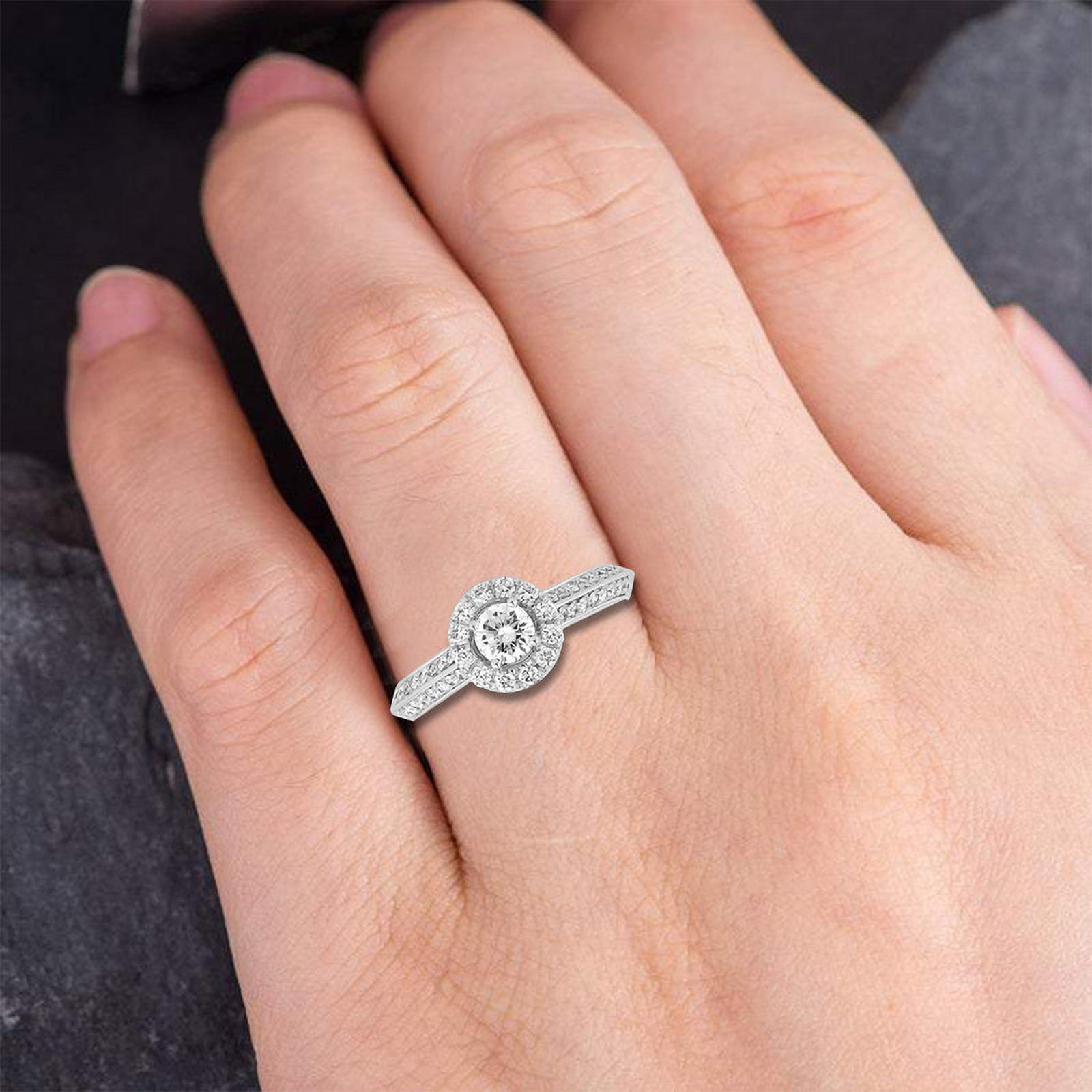 0.75 Cttw Round Cut Lab Created Solitaire Diamond Halo Engagement Ladies Ring with Side Stone |Prong Set |Size-7 | 14KT Solid White Gold | Gifts for