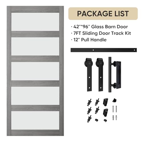 BARNSMITH 42in x 84in Glass Barn Door with 7FT Sliding Door Hardware Kit Included & Handle
