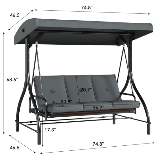 TLSUNNY 3-Seat Outdoor Patio Porch Swing with Adjustable Canopy & Backrest, Convertible Glider Bed with Stand, Removable Seat Cushion