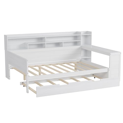 Corner Twin Bed Frame with Bookcase Storage and Desk, Wood Day Beds with 2 Drawers, Twin Size Daybed with Storage for Living Room