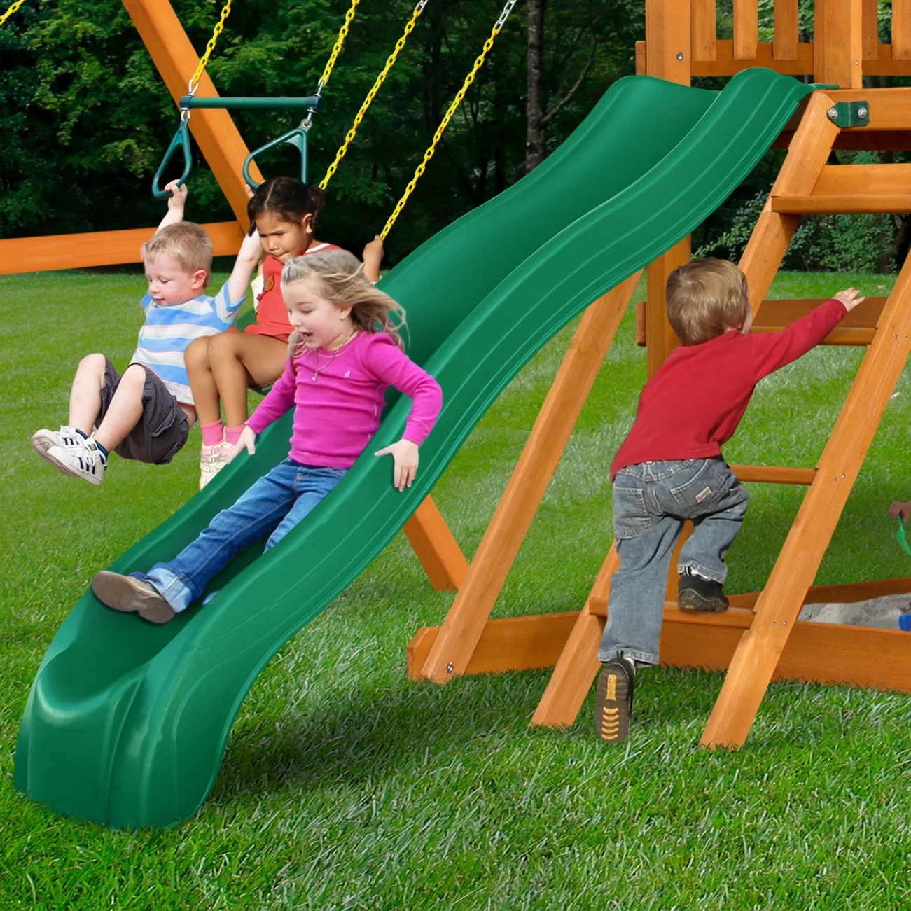 Gorilla Playsets Avalon Swing Set with Vinyl Canopy, Monkey Bars, Climbing Wall and Wave Slide, Amber
