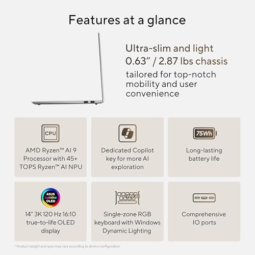 ASUS Vivobook S 14 OLED Slim Laptop, AMD Ryzen AI 9 365(10 Cores), 24GB, 1TB SSD, Customizable RGB Keyboard, Cool Silver, M5406WA-AH94