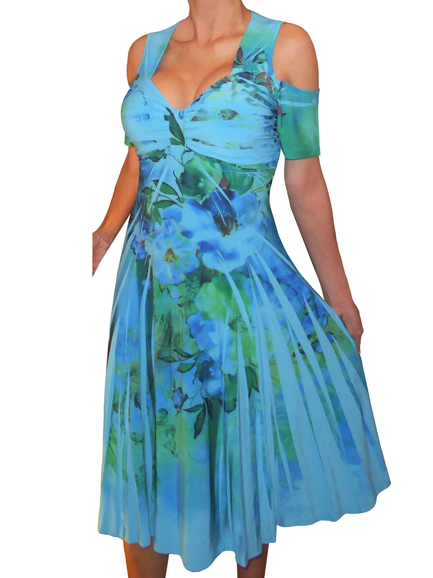 Funfash Women's Plus Size Blue Floral Cold Open Shoulders Cocktail Dress - XL