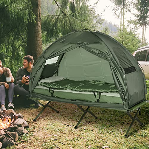 Outsunny Multifunctional Folding Camping Cots for Adults, Elevated Tent with Sleeping Bag, Thick Air Mattress Pad