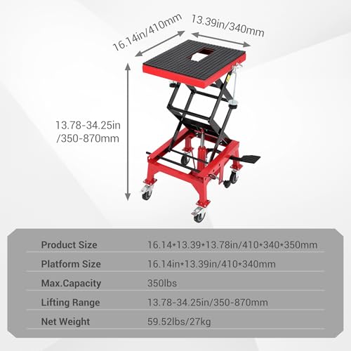 Hydraulic Motorcycle Lift Jack 350LBS, Foot Operated Scissor Lift Table for ATV Dirt Bike, Heavy-Duty Steel Stand with Safety Lock & Wheels