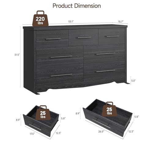 Black 7 Drawer Dresser for Bedroom, 55" Modern Dresser with 7 Deep Drawers, Wooden Chest of Drawers with Metal Handles, Clothes Organizer for Hallway