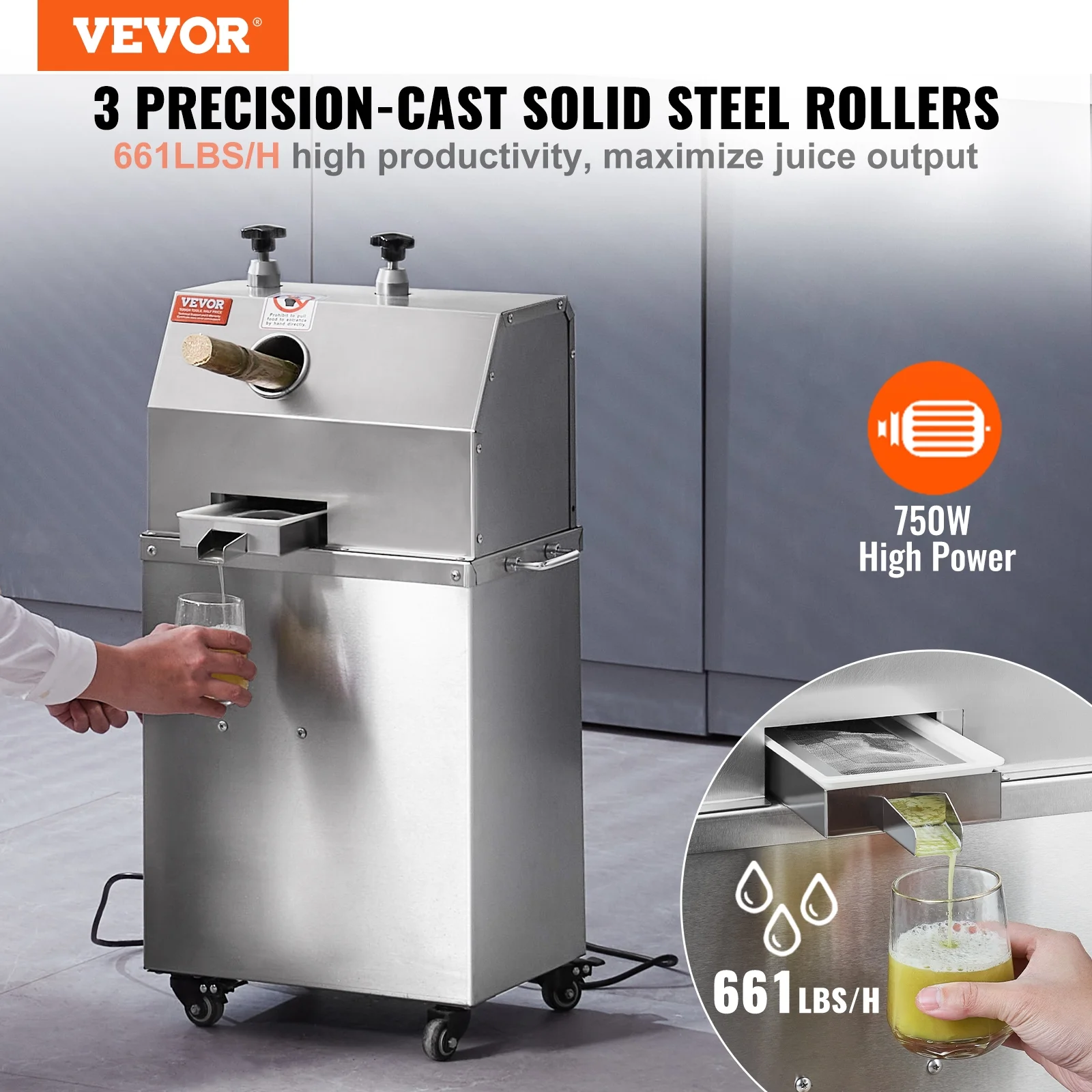 SKYSHALO 750W Electric Sugar Cane Juicer 661LBS/H Output 3 Rollers 2.4" Large Inlet