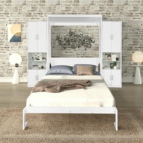 Queen Size Murphy Bed with Desk & Charging Station,Wall Bed Frame Folding into Cabinet Design w/LED & Storage Shelf for Small Space,Bedroom