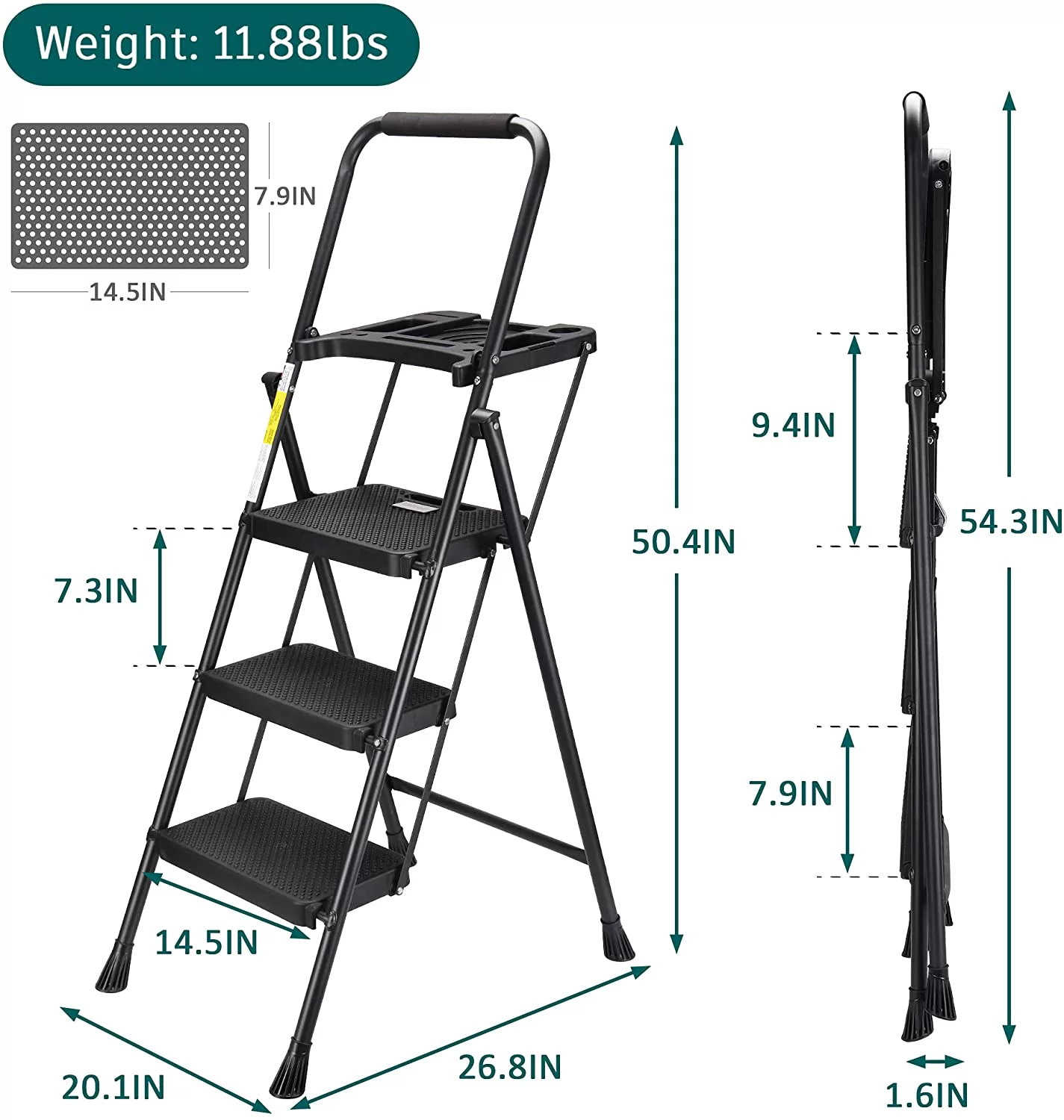 4 Step Ladder with Tool Tray, Folding Step Stool with Wide Non-Slip Pedal and Comfort Handgrip for Household and Office