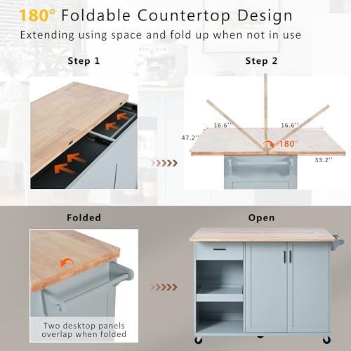 55.7'' Large Kitchen Island with 2 Drop Leaf, Rolling Kitchen Cart on 5 Wheels with Power Outlet