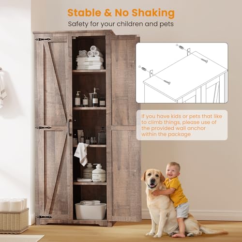 72" Tall Farmhouse Kitchen Pantry Cabinet, Large Storage Cabinet with 6 Adjustable Shelves, 4 Barn Doors & Drawer for Bathroom, Dining Room, Brown