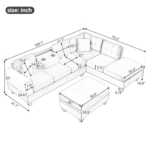 Merax Modern Sectional Sofa with Storage Ottoman, L Shaped Couch with 2 Pillows and 2 Cup Holders