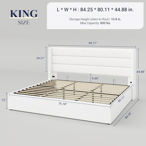 Allewie Full Size Lift Up Storage Bed, Modern Wingback Headboard, Hydraulic Support, No Box Spring Needed, Light Beige