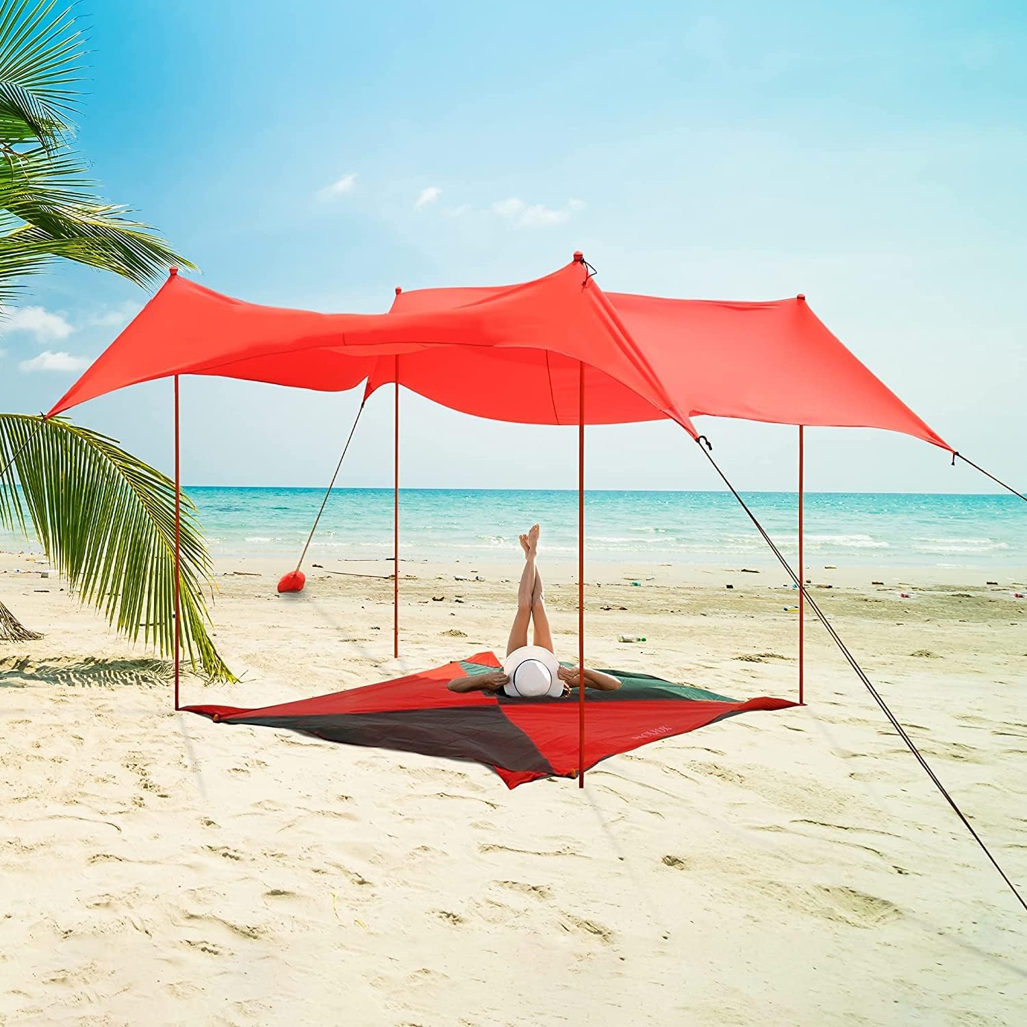 Pop Up Beach Tent Sun Shelter, Outdoor Shade Canopy with Sandbags, UPF50+ Portable Beach Tents Sun Shelter with 2 Aluminum Poles (Azure 4 Poles)