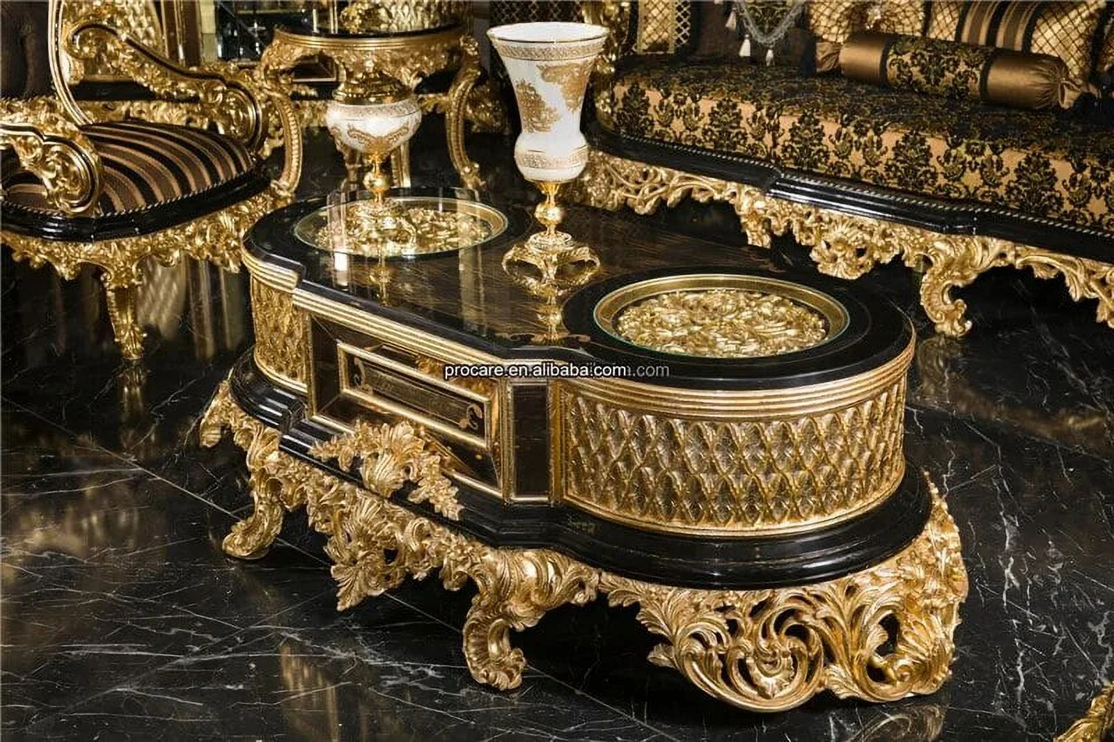 Luxury Antique Traditional Black Gold African Classical Baroque Royal Hand Carved Sofa Set Living Room Furniture Set