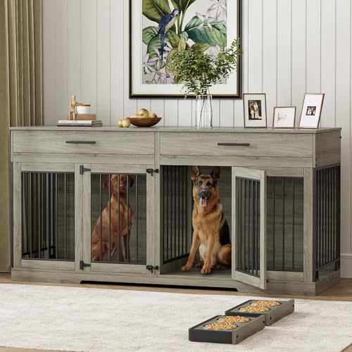 Rophefx 72" Dog Crate Furniture for 2 Dogs, Large Double Dog Kennel Indoor Furniture with 2 Storage Drawers and Removable Divider