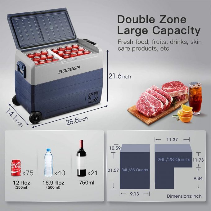 BODEGA 12 Volt Refrigerator Portable Freezer, Car Fridge Dual Zone APP Control, 64 Quart（60L）