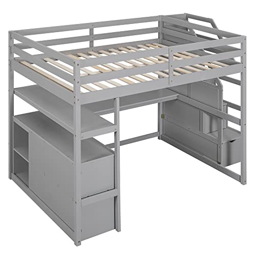 Harper & Bright Designs Twin Over Twin Bunk Bed with Stairs and Trundle, Solid Wood Stairway Bunk Bed Frame with Storage