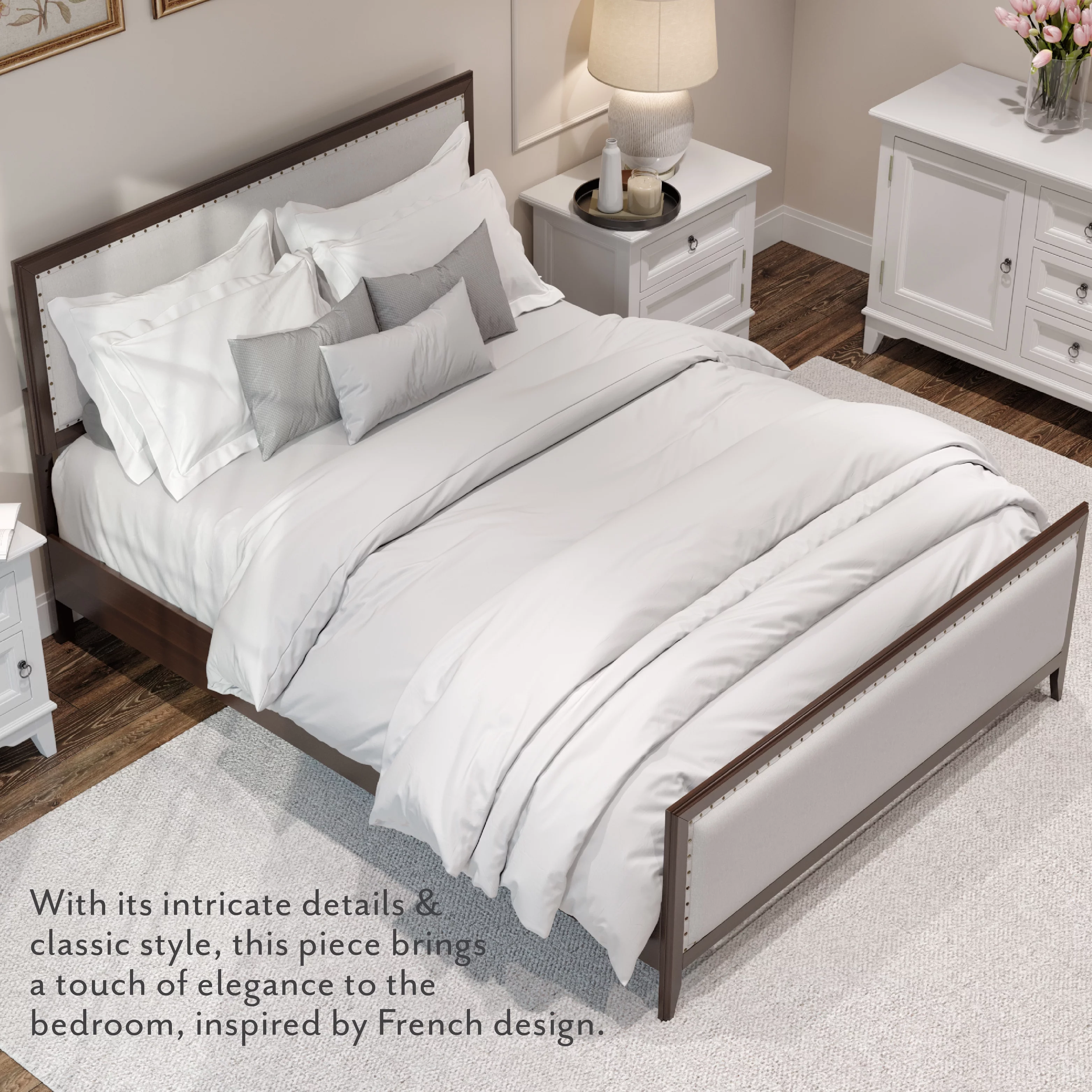 DG Casa Salerno Upholstered Wood Platform Bed Frame with Nailhead Trim Adjustable Height Headboard and Full Wooden Slats Box Spring Not Required