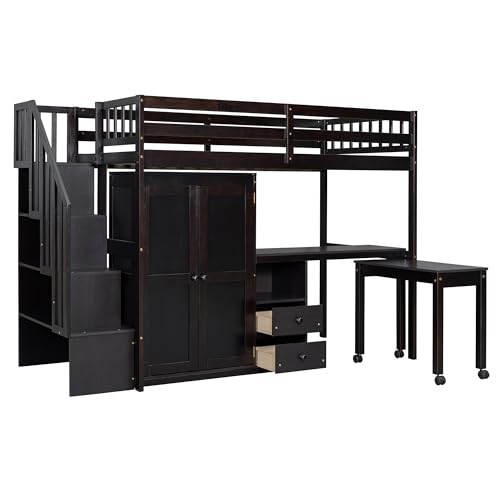 Harper & Bright Designs Twin Size Loft Bed with Stairs and Bookshelf, Wood Twin Storage Bed with Desk & Wardrobe