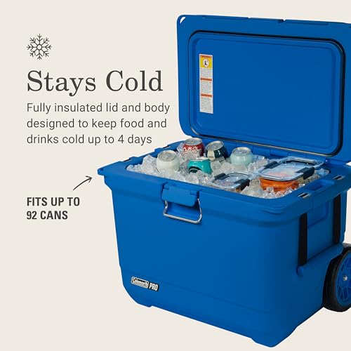 Coleman Pro 55qt Wheeled Ultra-Light Premium Hard Cooler, Extra-Thick Insulation Keeps Ice up to 5 Days, 92-Can Capacity, Heavy-Duty Wheels