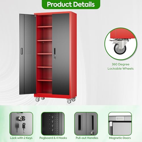 71" Metal Storage Cabinet with Wheels and Pegboard, Lockable Rolling Steel Storage Cabinet with 5 Adjustable Shelves and Door for Garage, Office