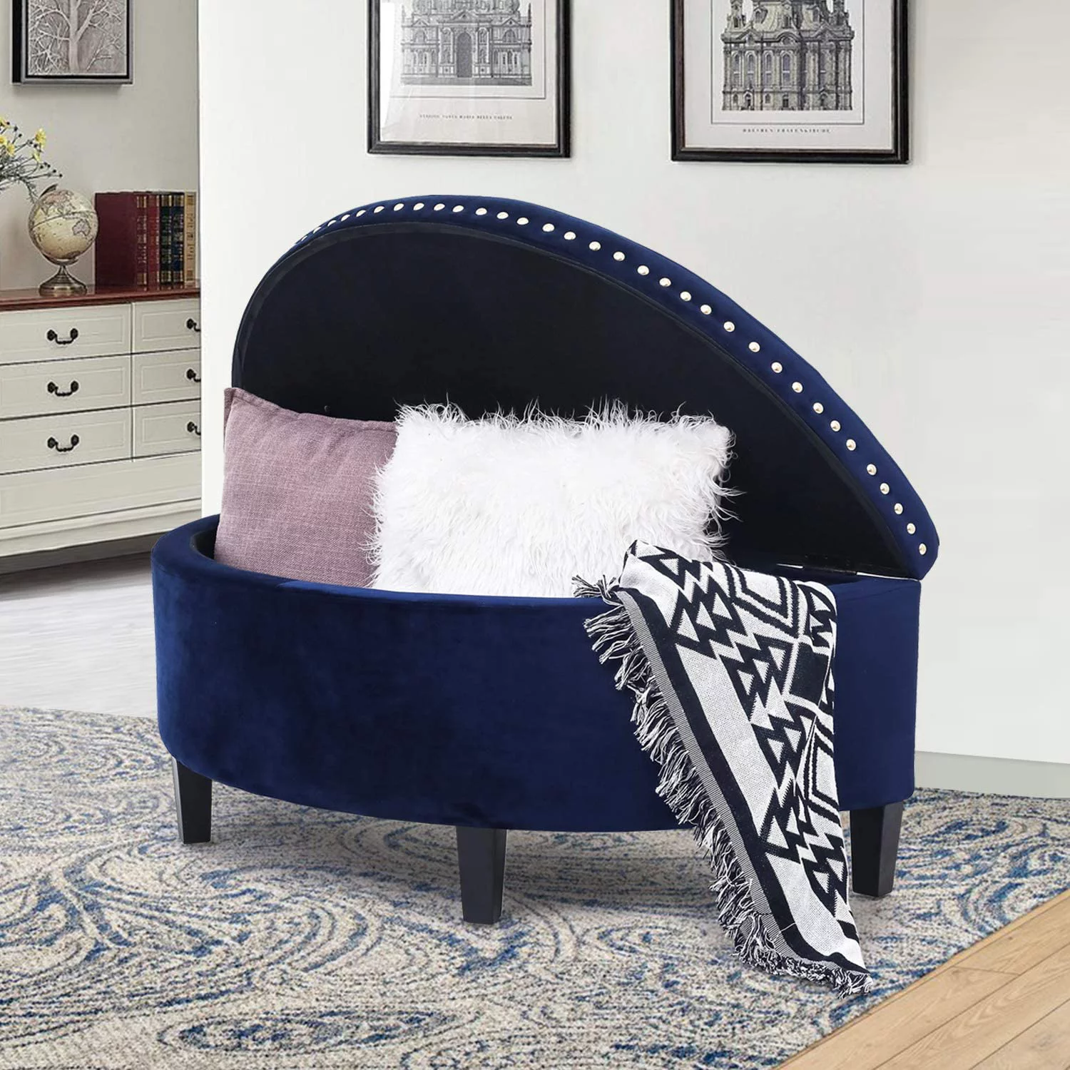 Homebeez 43.5" Half Moon Storage Ottoman, Button Tufted Bedroom Bench for Entryway Living Room, Dark Blue