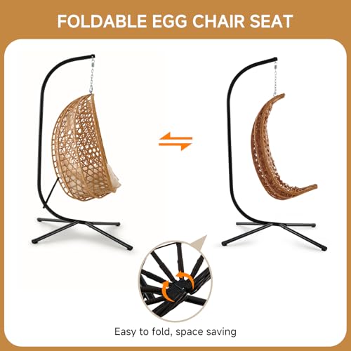 Outdoor Hanging Egg Chair, Patio Wicker Swing Chair with Stand and Cushion, Wider Basket Seating