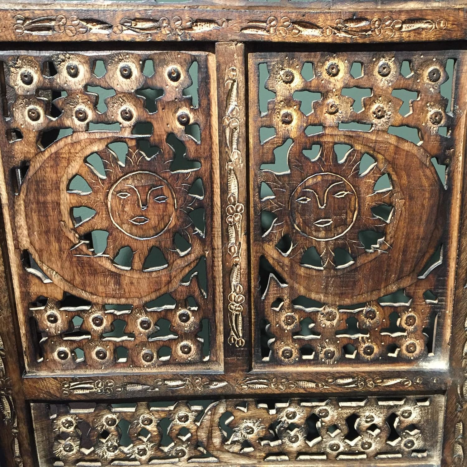 Global Chic Sun, Moon and Star 4 Panel Screen Room Divider of Hand Carved Sustainable Mango Wood