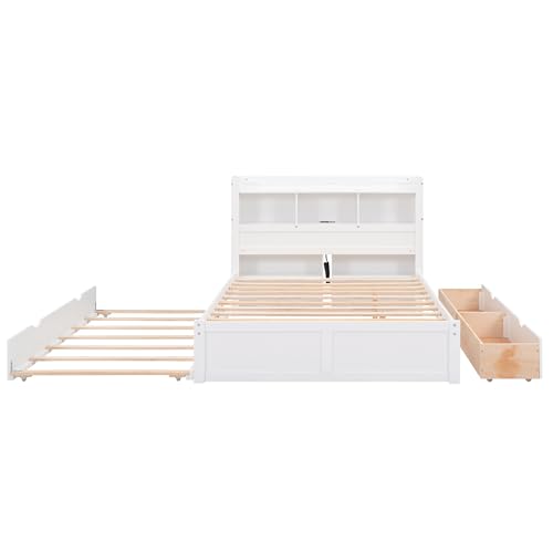 Full Size Storage Bed with Bookcase Headboard and Trundle, Wood Platform Bed Frame with Charging Station