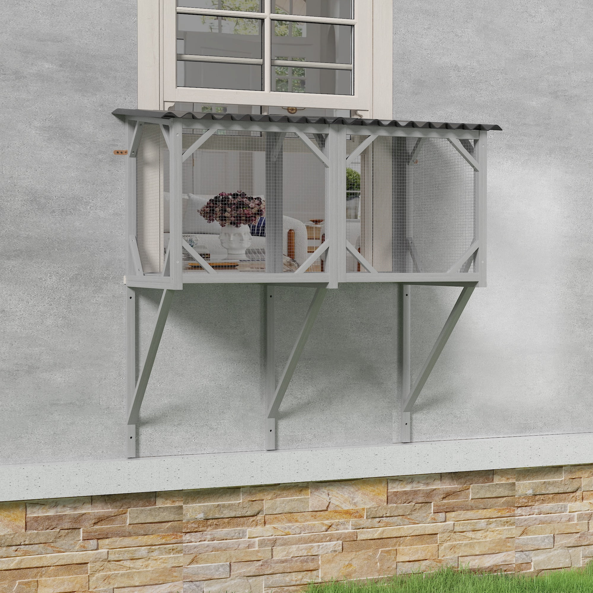 Montary Catio Outdoor Cat Enclosure with Window Access, 4-Tier Cat House with Wheels, Waterproof Roof &amp; Resting Box, Large Gray Cage