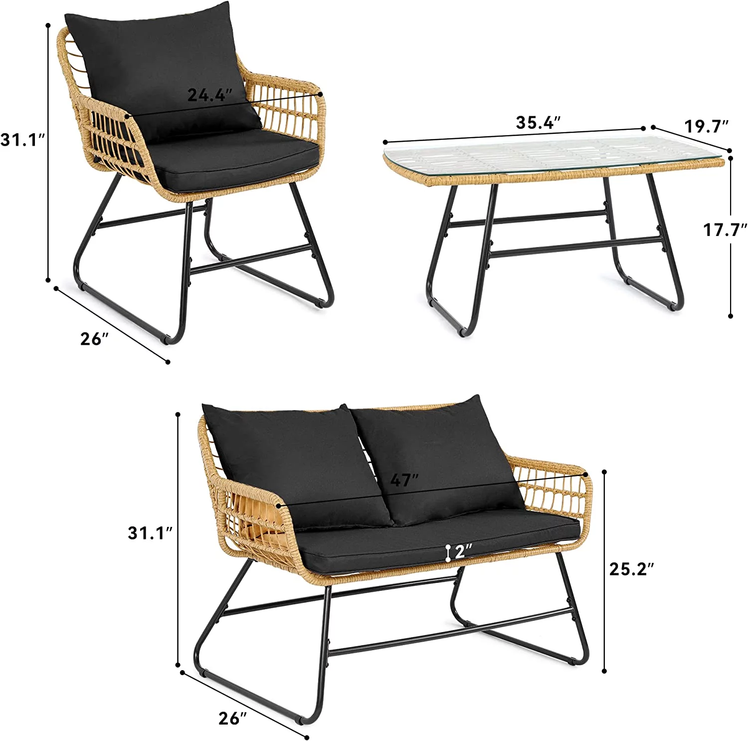 Dextrus 4-Piece Patio Furniture Wicker Outdoor Bistro Set, All-Weather Rattan Conversation Loveseat Chairs for Backyard