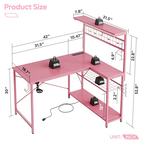 Bestier 42 L Gaming Desk,Computer Desk with Power Outlets, LED Lights, Reversible Corner Desk with 4-Tier Shelves,Cup Holder & Hook Carbon Fiber Black