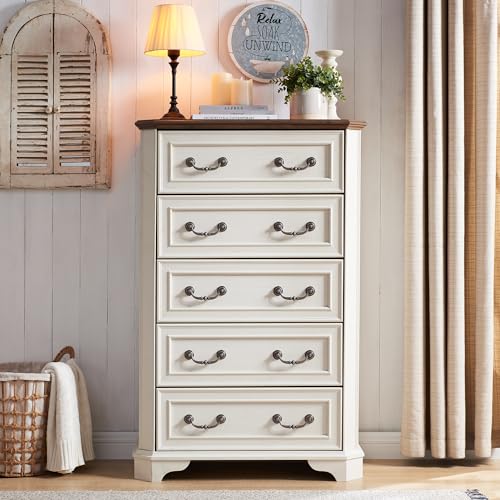 T4TREAM Farmhouse 5 Drawers Dresser for Bedroom, 48" Tall Wood Rustic Chest of Drawers with Natural Texture, Vintage Design