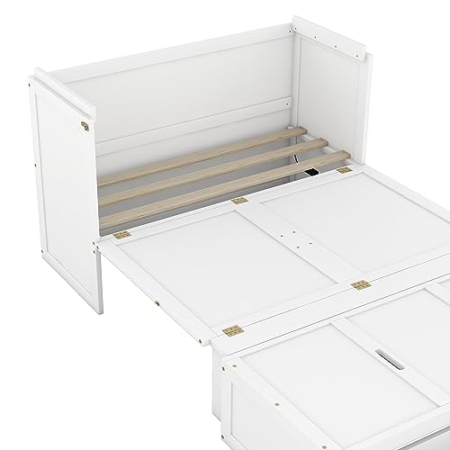 Queen Size Murphy Bed Wall Beds with Storage Shelves,Hide Away Bed Frame Easily Folds into Wood Cabinet,W/Mattress Holder,for Small Space,Guest Room