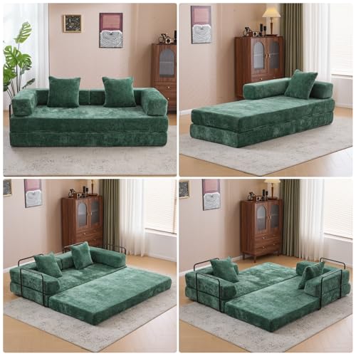 Compression Floor Sofa Bed, Convertible Foldable Sofa with Support Backrest and Armrest, Corduroy Fabric Modular Sectional Couch with 2 Pillows