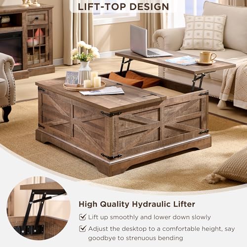 JXQTLINGMU Farmhouse Lift Top Coffee Table with Storage, 36" Wood Square Center Table with Large Hidden Compartment