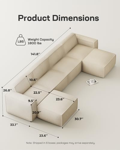 Marsail 142" Oversized Deep U Shaped Modular Sofa, Corduroy Cloud Couches with Deep Seats and High-Back Design