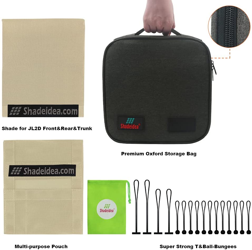 Shadeidea Jeep Wrangler Sunshade JL 2 Door (2018-Current) Sun Shade Front and Rear Trunk - Tan Mesh Screen Top Cover UV Blocker with Grab Bag
