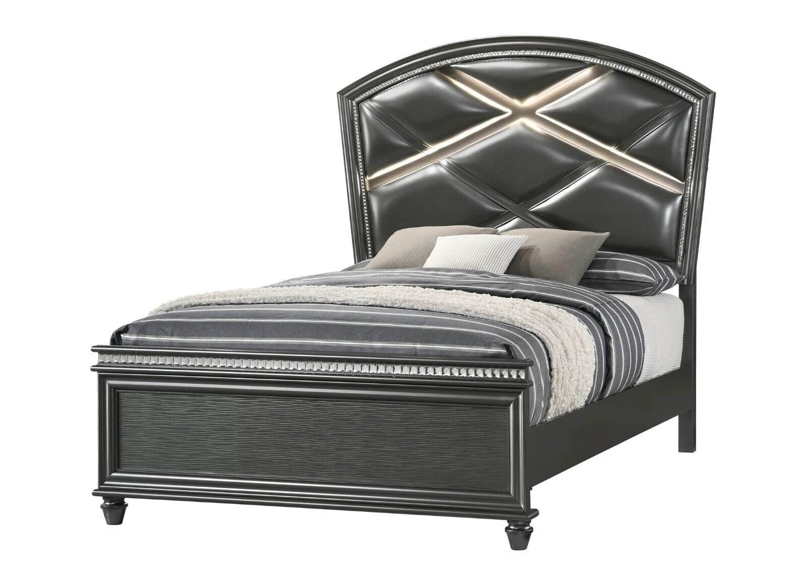 Modern Luxury Glam Style 4pc Bedroom Furniture Set LED Panel Queen Bed Dresser Mirror Nightstand Set Wooden Fabric