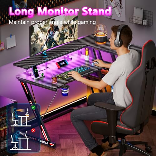 55 Inch Gaming Desk with Power Outlet & LED Lights, L Shaped Gamer Computer Table with Storage Shelves for Bedroom, Corner Home Office Desk