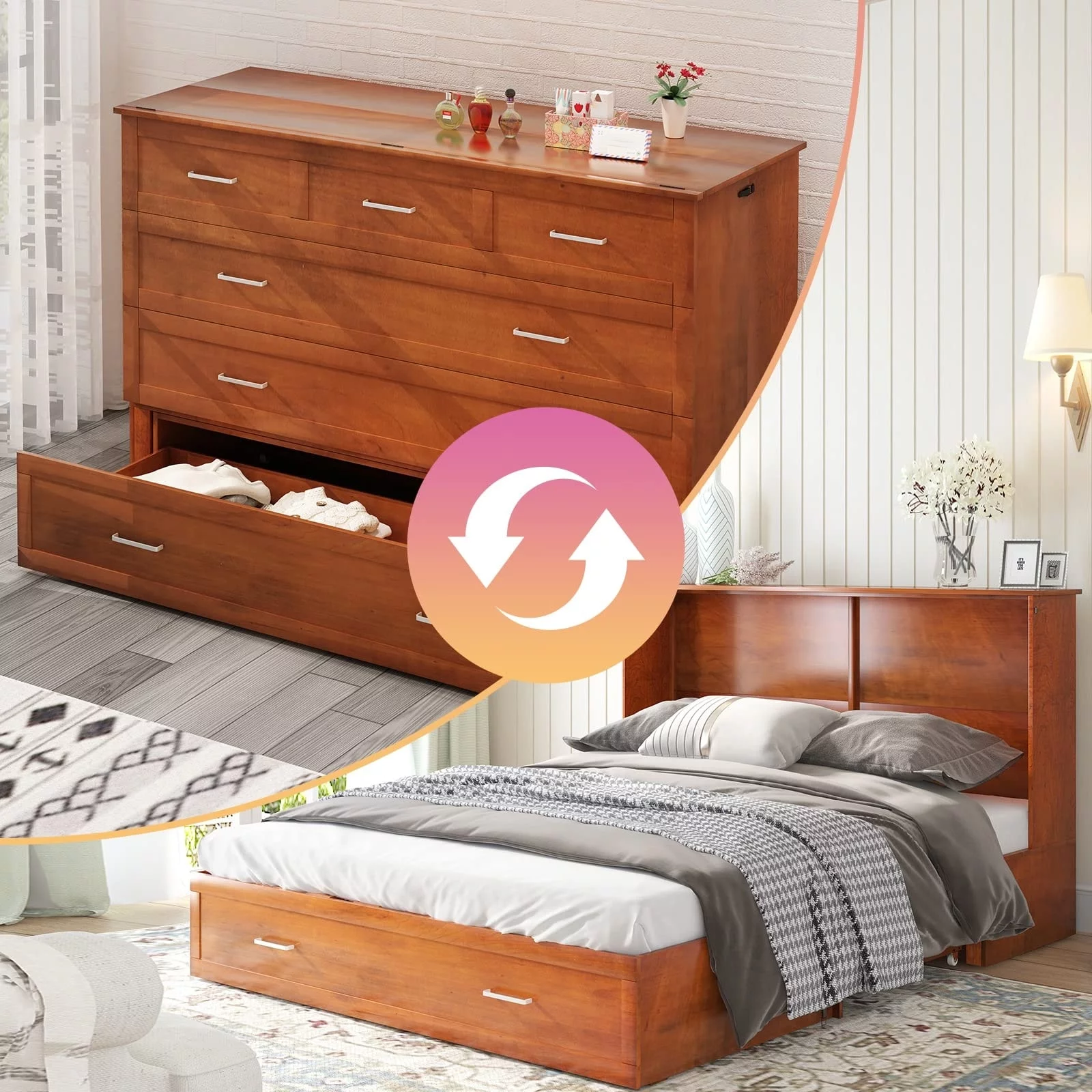 Mixoy Cabinet Murphy Bed Chest with Mattress,Charging Station,Drawers Cherry - Curated Treasures Market