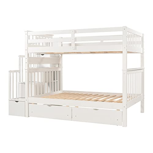 Ball & Cast Twin-Over-Twin Bunk Bed with Twin-Size Trundle and 3 Storage Stairs,Wood Bunkbed w/Full-Length Guardrails,Slat Support