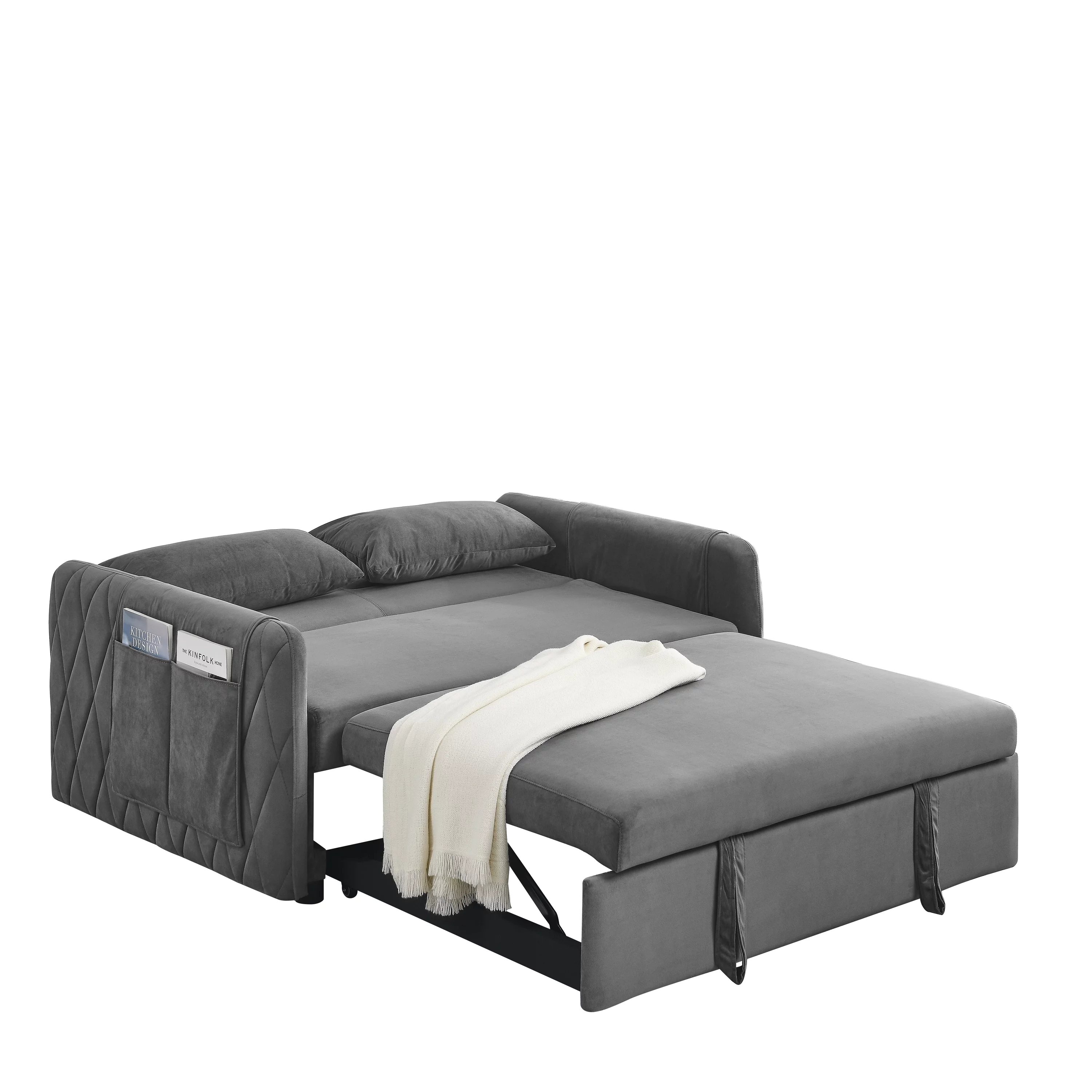 Modern Velvet Convertible Pull Out Sleeper Sofa Bed, Folding Loveseat Couch with Side Storage Pockets Pillows for Living Room Bedroom Apartment